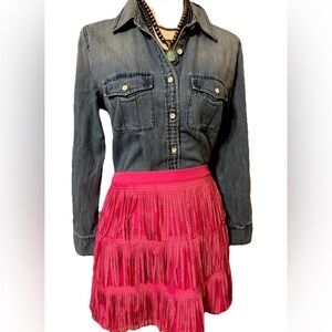 NWT Sz L Main Strip Hot Pink Silver Studded Fringe Mini Skirt
